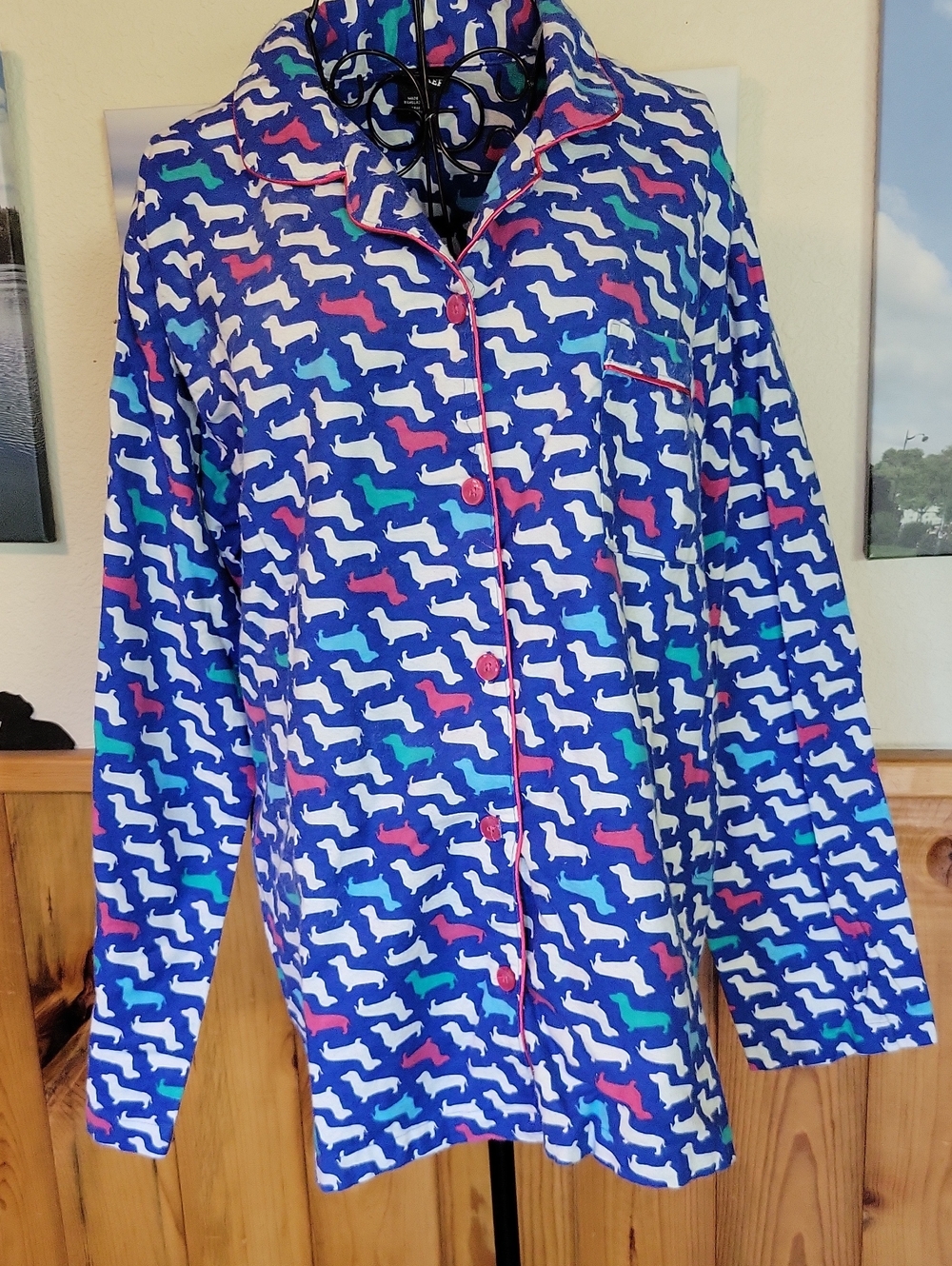 Joe Boxer Navy Dachshund-Print Button Pajama Top with Pink Piping